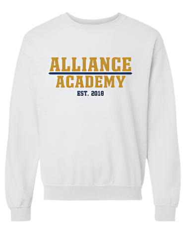 White sweatshirt with 'Alliance Academy' text on the front and 'Experience Alliance' on the back, displayed from front and back views.
