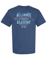 Load image into Gallery viewer, Blue t-shirt with &#39;Alliance Academy&#39; text on the back, displayed from two angles.

