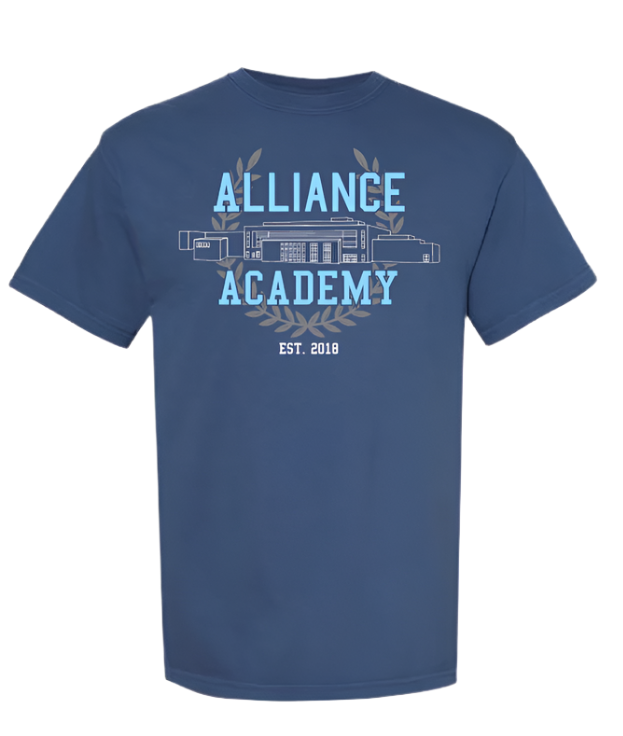 Blue t-shirt with 'Alliance Academy' text on the back, displayed from two angles.